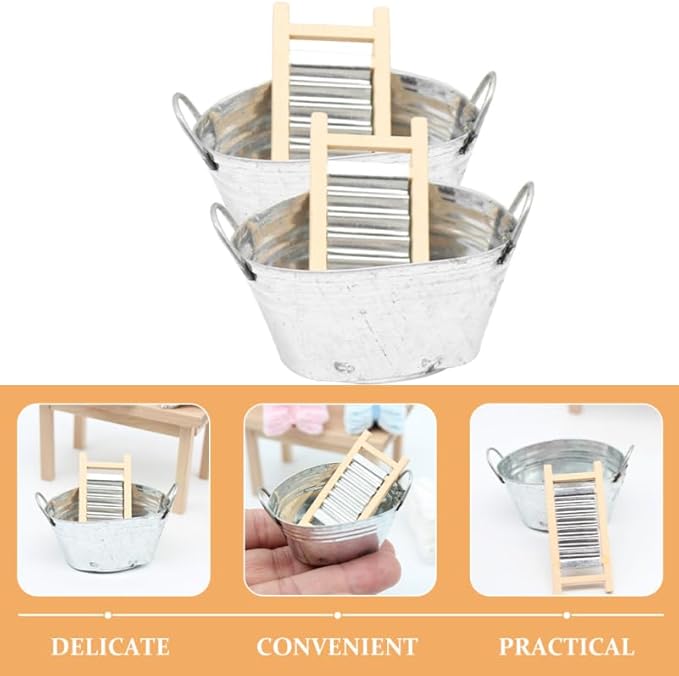 BESPORTBLE Mini Tinplate Basin Set of 2 Dollhouse Accessories Silver Iron Miniature Washboard for 1 12 Scale Doll House Bathroom Decor