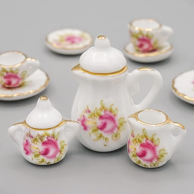 Odoria 1/12 Miniature Porcelain Tea Set 15Pcs Dollhouse Decoration Accessories, Pink Rose