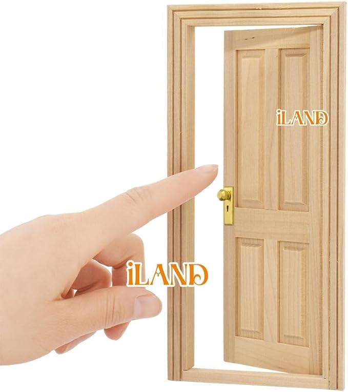 iLAND Wooden Dollhouse Door of 1/12 Scale Accessories, Dollhouse Building Materials, Classic 4-Pannel Miniature Door w/Trims & Doorknob & Key (Classic 4-Pannel Door)