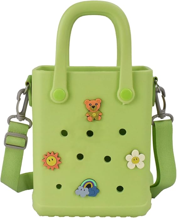 Mini Rubber Beach Bag with Strap & Charms, Waterproof EVA Beach Bag for Girls, Small Rubber Tote Bag for Women