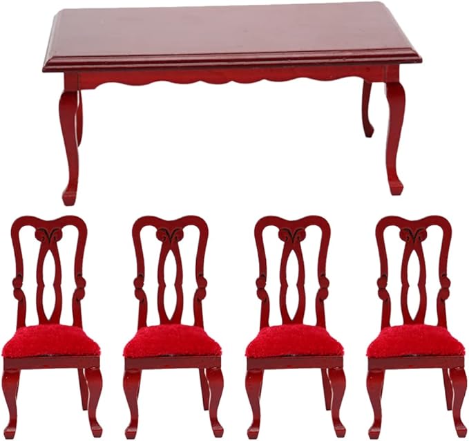 Vintage Dollhouse Furniture Miniature Table and Chairs Set 1/12 Scale Accessories Wood Mini Victorian Dining Chair Set Red Kitchen Decorations Model