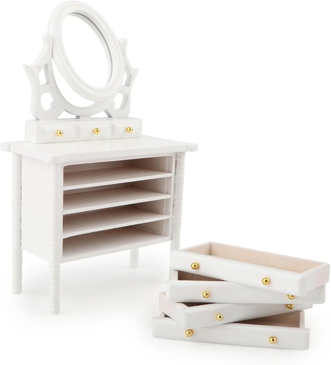 Miniature Dollhouse Vanity Table 1 12 Furniture Makeup Dressing Table with Mirror and 4 Drawers Mini House Accessories Bedroom Living Room Scene Decoration (White)