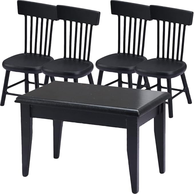 Black Chairs 5Pcs Miniature Table and Chairs, Mini Dining Table Set for 4, Doll House Black Wooden Miniature Furniture and Accessories Furniture