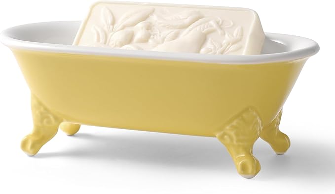 NEWHENGS 6.5" Ceramic Mini Decorative Clawfoot Bathtub Bar Soap Dish, Kitchen Sponge Holder and Shower Tray for Bathroom, 1 Pack(Yellow)