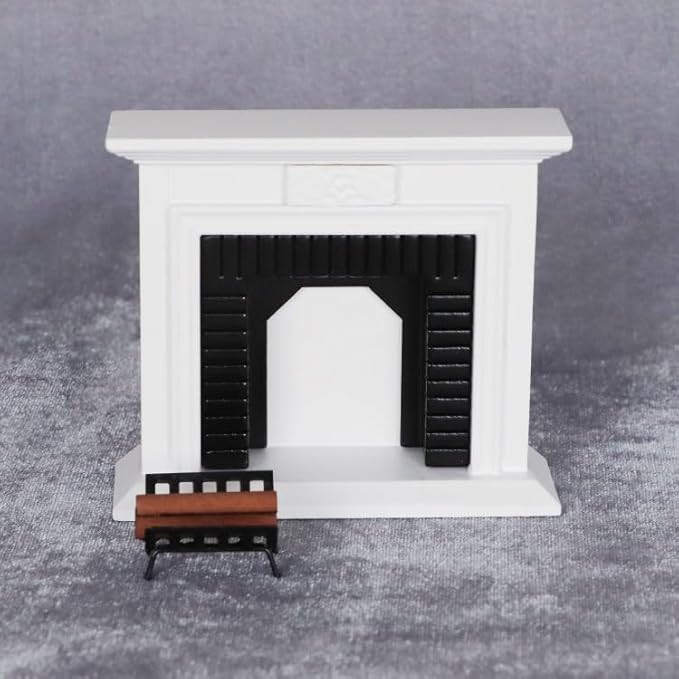 Minamzee Dollhouse Decoration Accessories,1:12 Dollhouse Miniature Furniture Room Wooden Vintage Black White Fireplace and Firewood Pile