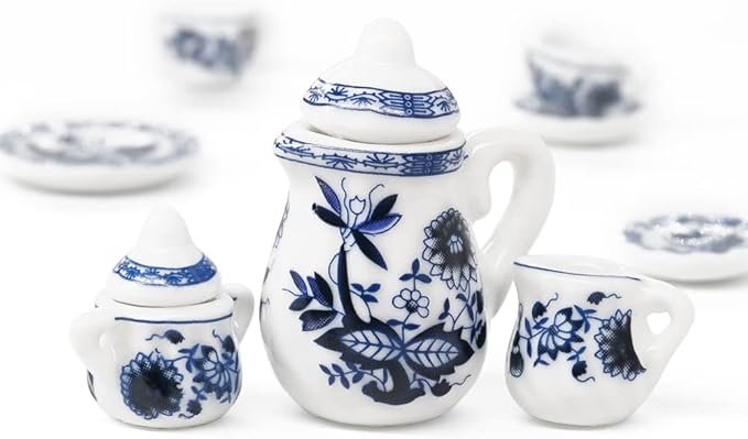 Odoria 1/12 Miniature Porcelain Tea Set 15Pcs Dollhouse Decoration Accessories, Blue Lotus