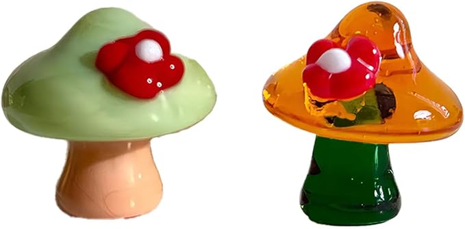 Set of 2 Handmade Glass Mushroom Figurines, 0.98" Tiny Mushroom Decor for Fairy Garden Accessories, Miniature Terrarium Supplies, Dollhouse Landscape & Potted Plant Ornaments (Flower Topped)