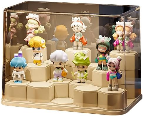 DIY Stackable Transparent Display Case for Figures, Dustproof Acrylic Display Boxes with 24 Movable Hexagonal Blocks, Large Capacity for Pop Mart, Lego, Collectibles (Cream)