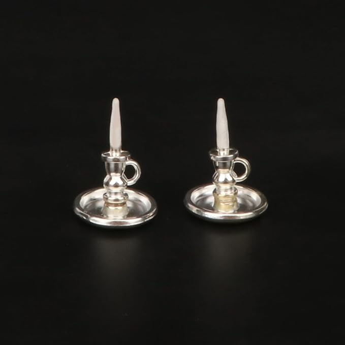 Dollhouse Miniature Candlesticks 2 PCS Candle Holder Set 1/12 Scale Vintage Candles Doll House Desk Ornament Accessories with Metal Round Base for for Fairy Garden (Silver)