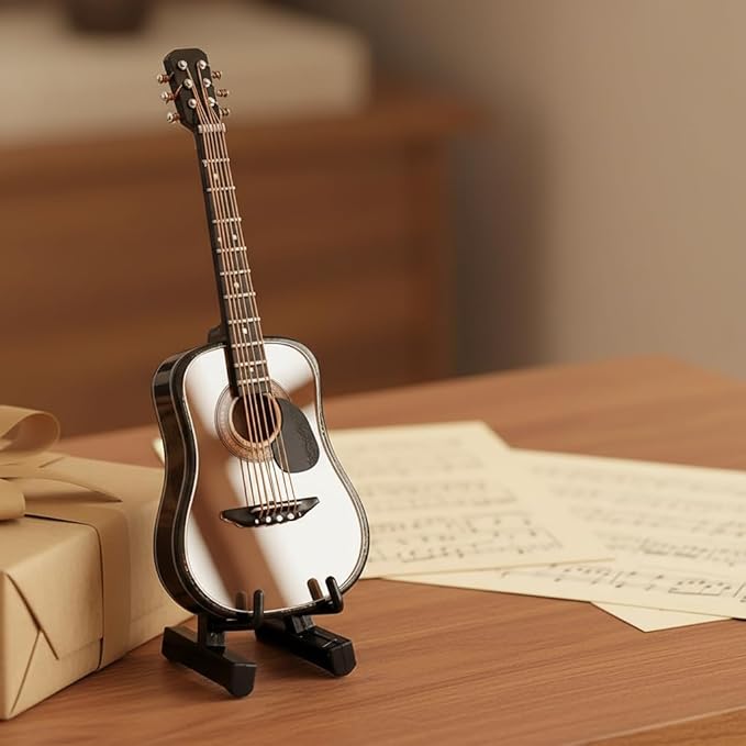 Miniature Guitar, 3.9x1.5x0.5in Guitar Model, Wooden Tiny Guitars Decorative Model with Guitars Shelf and Storage Box for Home, Office Decoration Display Ornament