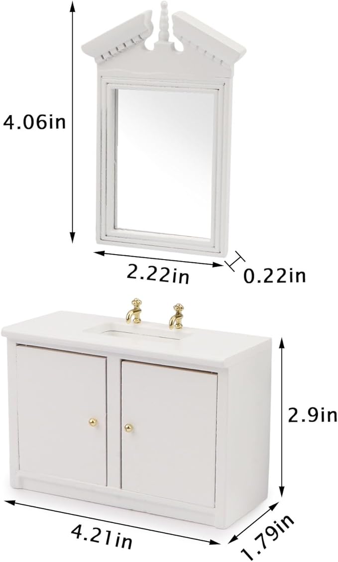 Dollhouse Furniture 2PCS Miniature Sink Cabinet & Mirror Set, Doll House Cabinet 1/12 Wash Table for Bathroom Washbasin Furnishing Accessories