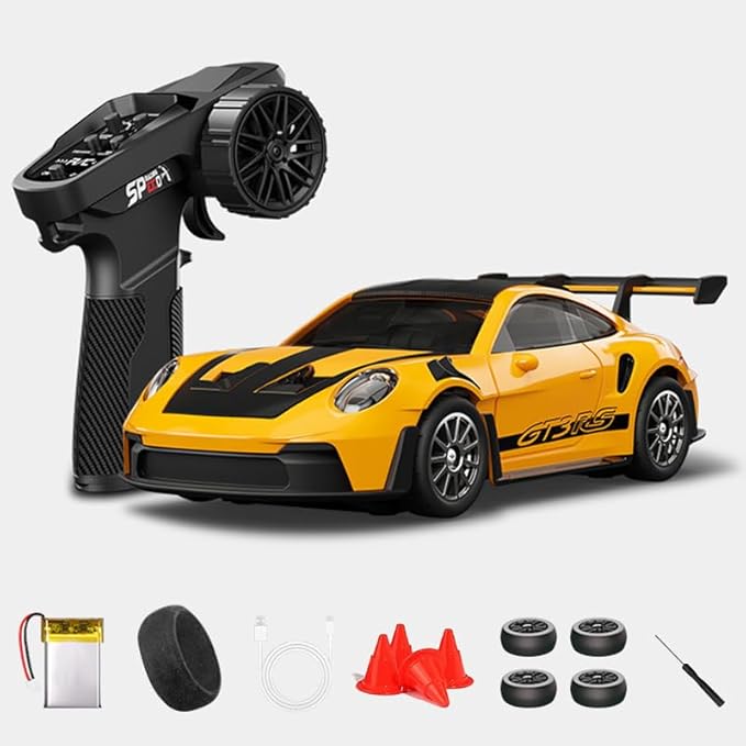 1:43 RC Drift Car D43-01 - 2.4G Full Proportional 4WD Alloy 20KM/H High Speed RC Racing Car with Gyro, Silent Bearings, Adjustable Speed & Lighting(Q1/Yellow/D43-01)