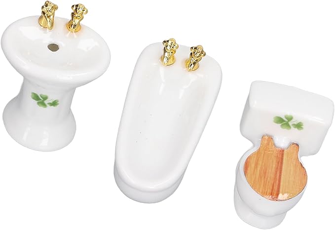 shenruifa 3Pcs Dollhouse Miniature Bathroom Set, 1:24 Ceramic Simulation Bathtub Toilet Sink Dollhouse Bathroom Furniture (4 Leaf)
