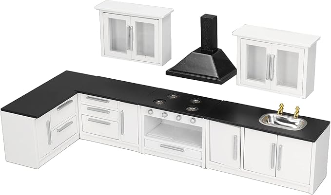 JTLB 7pcs 1:12 Mini Dollhouse Kitchen Cabinet Simulation Life Scene Dollhouse Modern Kitchen Set