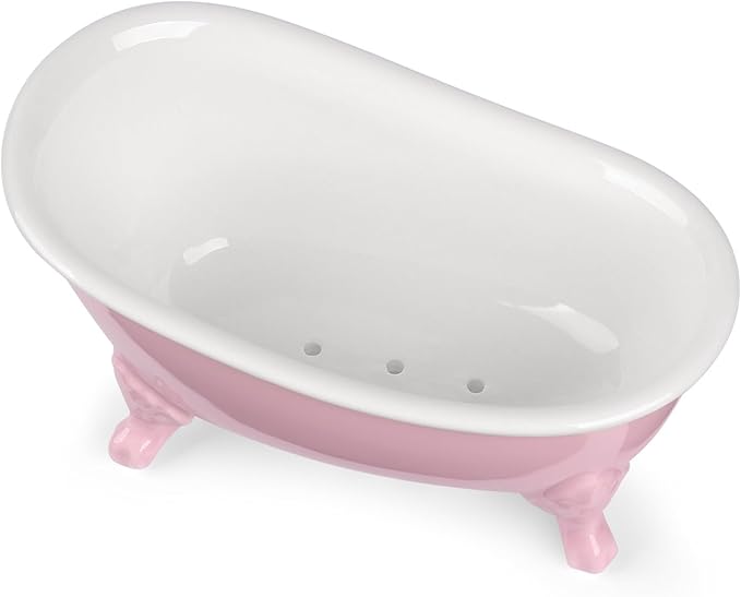 NEWHENGS 6.1" Vintage Ceramic Mini Decorative Clawfoot Bathtub Bar Soap Dish, Kitchen Sponge Holder and Shower Tray for Bathroom, 1 Pack (Pink)