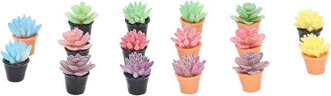Dilwe 16Pcs Dollhouse Potted Plants, Mini Succulents Plants for Dollhouse Decoration, Resin 1:12 Scale Lifelike Appearance Colors Miniature Bonsai Plant Mini Potted Plant Flower Model
