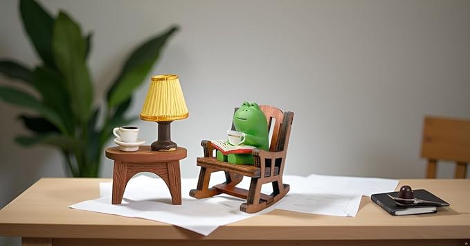 Miniature Frog Figurine Statue, Help Relax Enjoying Tea Time Mini Frog Cat Collection Desk Ofiice Bedroom Decor, Healing Heart Good Mood Indoor Home Decorations with Gift Box -Reading