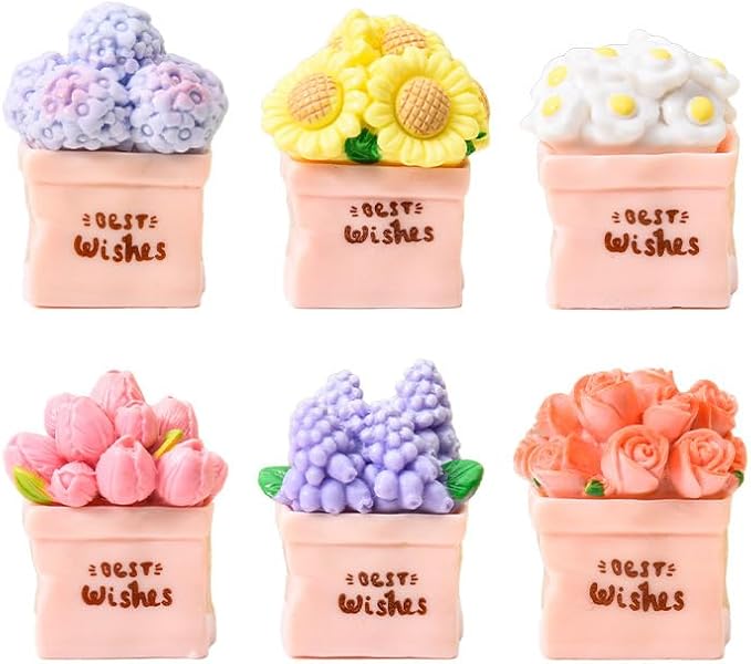 6Pcs Refreshing Pink Flowerpot Mini Resin Figurines - Lovely Rose, Tulip, Daisy, Sunflower & Hydrangea Ornaments, Cute Potted Flowers for Dollhouse,Desk, Car & Home Decorations,Healing Gifts for Girls