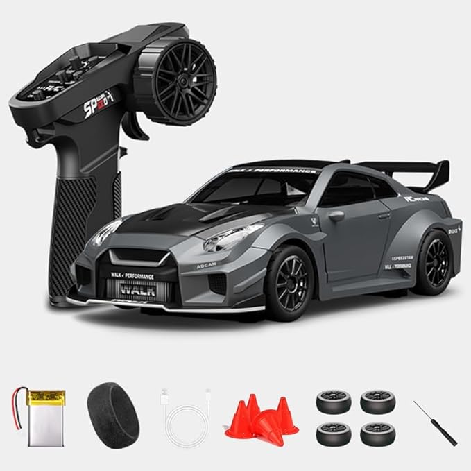 1:43 RC Drift Car D43-02 - 2.4G Full Proportional 4WD Alloy 20KM/H High Speed RC Racing Car with Gyro, Silent Bearings, Adjustable Speed & Lighting(Q6/Dark Gray Silver/D43-02)