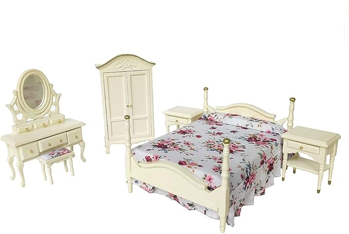 iLAND Wooden Dollhouse Furniture 1/12 Scale, Dollhouse Bedroom Furniture in Cream Color incl Dollhouse Bed & Dressing Table & Wardrobe (Elegant Miniature Furniture 6pcs)