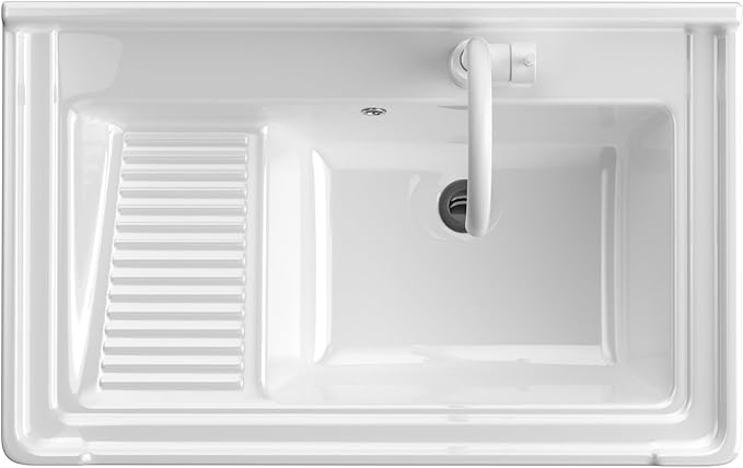 GGW Freestanding Laundry Sink, Ceramic Utility Sink with Washboard and Faucet, Laundry Tub for Laundry Room, Garage, Basement, Outdoor and Indoor, 28.3"W x 19"D x 32.3"H, White