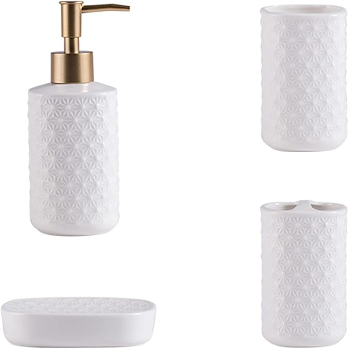 SHIIANN Ceramic Bathroom Accessories Set, 4 Pack Bathroom Ensemble for Bathroom Includes 1 Lotion Dispenser 1 Toothbrush Holder 1 Tumbler 1 Soap Dish (White)