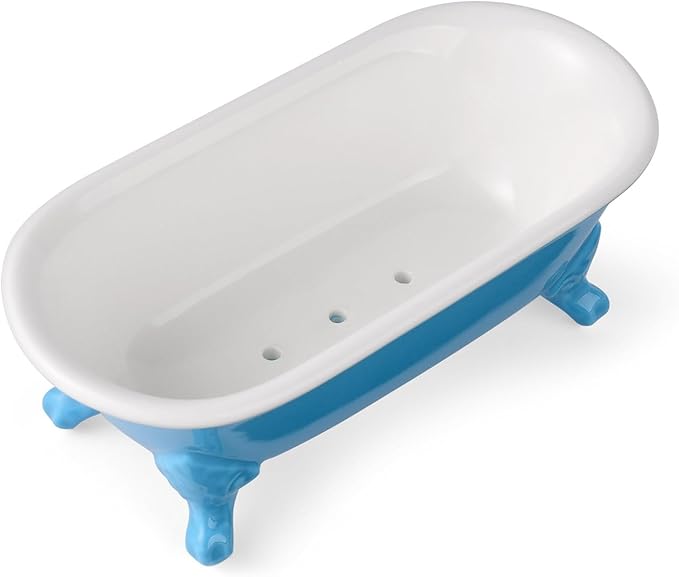 NEWHENGS 6.5" Ceramic Mini Decorative Clawfoot Bathtub Bar Soap Dish, Kitchen Sponge Holder and Shower Tray for Bathroom, 1 Pack(Pacific Blue)