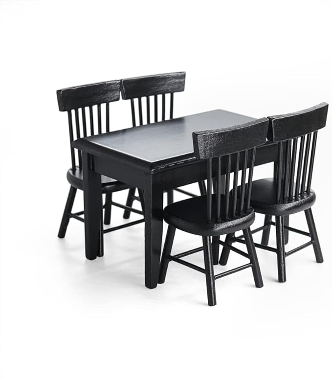 Odoria 1/12 Miniature Dining Table and Chairs Dollhouse Kitchen Furniture Accessories, Black