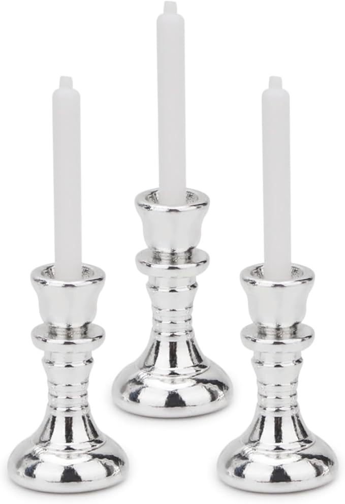 Dollhouse Miniature Candlesticks 3 PCS Candle Holder Set 1/12 Scale Vintage Candles Doll House Desk Ornament Accessories with Metal Round Base for for Fairy Garden (Silver)
