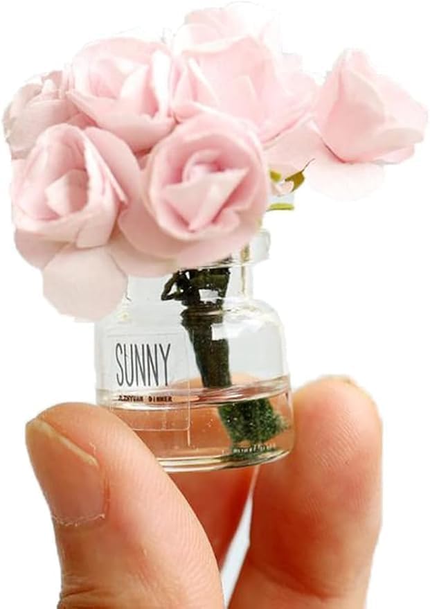 2Pcs Miniature Flowers Vases with Realistic Handmade Rose,1:12 Scale Dollhouse Miniature Flower in Vase Dollhouse Scenes, Micro Landscape Decorations
