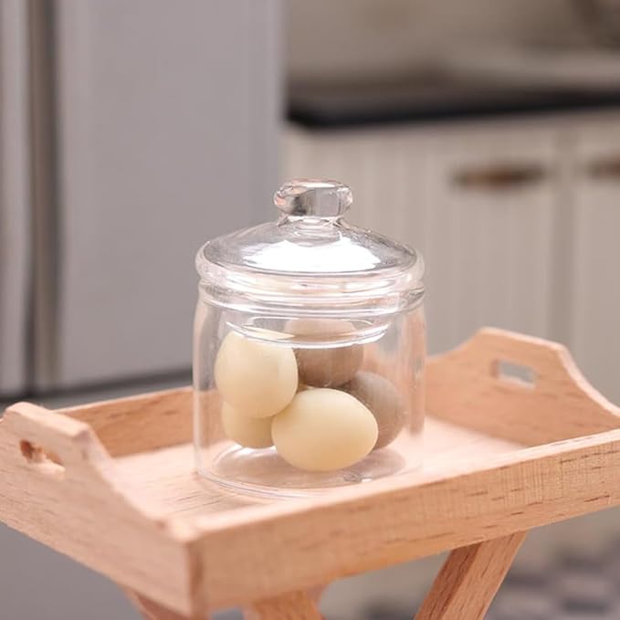 2 Pcs Miniature Glass Storage Jars with Lids for Dollhouse Decoration, Clear Mini Glass Canisters for Miniature Scenes, Creative Candy Containers