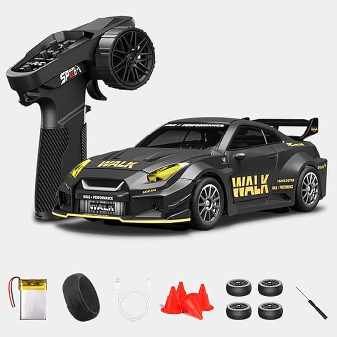 1:43 RC Drift Car D43-02 - 2.4G Full Proportional 4WD Alloy 20KM/H High Speed RC Racing Car with Gyro, Silent Bearings, Adjustable Speed & Lighting(Q9/Dark Gray/D43-02)