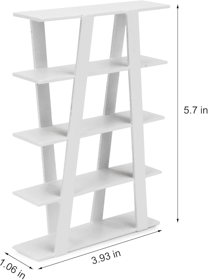 Dollhouse Shelf Miniature Furniture Bookshelf 1/12 Scale Wooden Storage Rack Four Tier Shelves Doll House Accessories and Furniture Display Stand Mini Scene Ornaments Decoration (White)