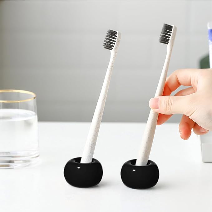 HalfofLife Mini Ceramics Toothbrush Stand for Bathroom Vanity Countertop, Handmade Couple Toothbrush Head and Shaver Holder, Office Pen Holder, 2-Piece Set Black