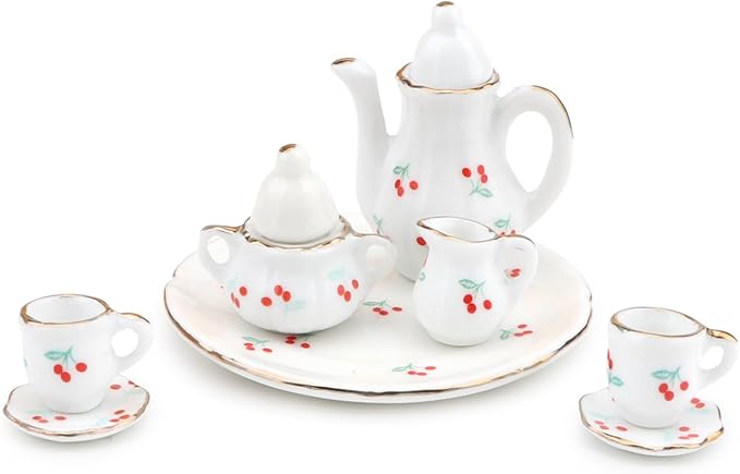 Dollhouse 1:6 Porcelain Tea Cup Sets 8 Pcs Set Miniature Ceramics Dollhouse Accessories Flower Pattern Teapot Platter Dish Sets Dollhouse Kitchen Supplies Decoration (Cherry)