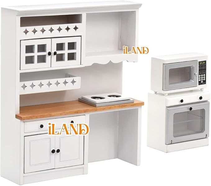 iLAND Dollhouse Kitchen, Modern Dollhouse Furniture Set on 1/12 Scale Wooden White to Store Miniature Food