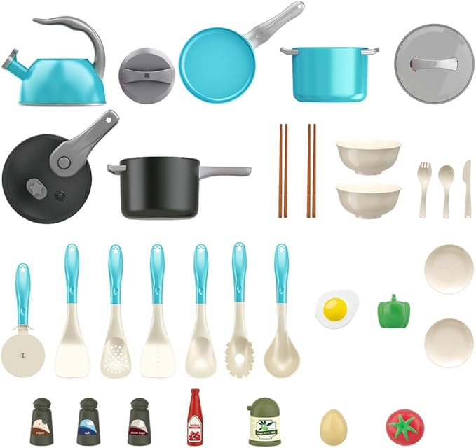 Bruvoalon 32Pcs Kids Play Kitchen Toys Set, Toddlers Pretend Cooking Playset Acccessories with Pots Pans, Utensils Cookware, Foods, Canned Veges, Learning Gift for Kids Girls Boys (Turquoise)