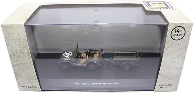 1:43 Scale Willys Jeep 1/4-Ton Utility Truck with Trailer - Militaria Diecast by Motorcity Classics