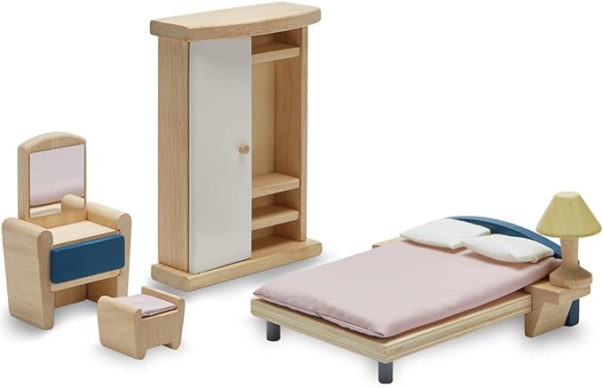 PlanToys® Wooden Bedroom Dollhouse Furniture Set in Orchard Shade for Kids | Montessori Small World and Home Routine Play | Eco Friendly Wooden Dollhouse Bedroom Set for Imaginative Play