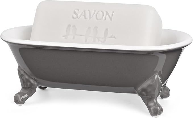 NEWHENGS 6.5" Ceramic Mini Decorative Clawfoot Bathtub Bar Soap Dish, Kitchen Sponge Holder and Shower Tray for Bathroom, 1 Pack(Stone Gray)