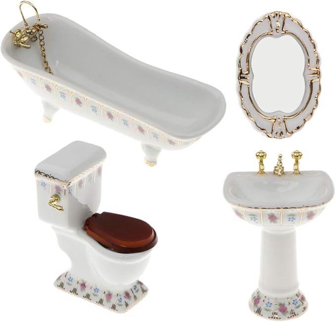 DYNWAVE Bathroom Decor WC Bathtub Set Dollhouse Miniature 1:12# 2，