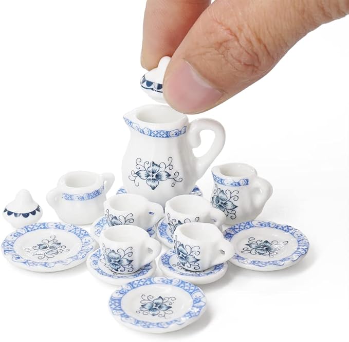 Odoria 1/12 Miniature Porcelain Tea Set 15Pcs Dollhouse Decoration Accessories, Blue Petals