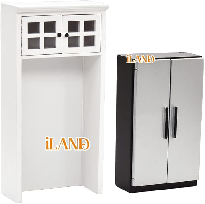 iLAND Dollhouse Kitchen, Modern Dollhouse Furniture Set on 1/12 Scale Wooden White to Store Miniature Food
