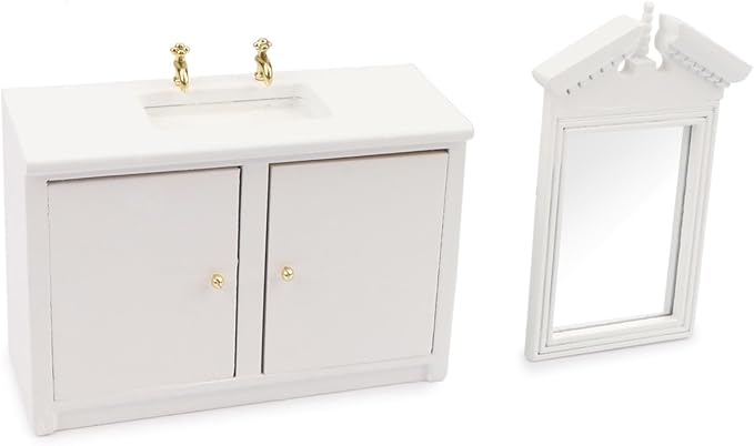 Dollhouse Furniture 2PCS Miniature Sink Cabinet & Mirror Set, Doll House Cabinet 1/12 Wash Table for Bathroom Washbasin Furnishing Accessories