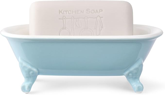 NEWHENGS 6.5" Ceramic Mini Decorative Clawfoot Bathtub Bar Soap Dish, Kitchen Sponge Holder and Shower Tray for Bathroom, 1 Pack(Baby Blue)
