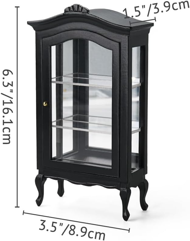 Odoria Dollhouse Curio Cabinet Miniature: 1/12 Scale Display Bookcase for Victorian Living Room - Mini Vintage Storage Shelf with Mirror - Tiny Wood Black Furniture Antique