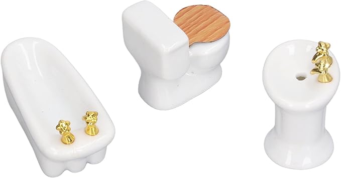 shenruifa 3Pcs Dollhouse Miniature Bathroom Set, 1:24 Ceramic Simulation Bathtub Toilet Sink Dollhouse Bathroom Furniture (Pure White)