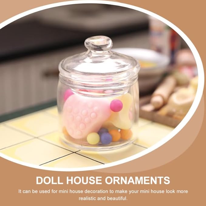 2 Pcs Miniature Glass Storage Jars with Lids for Dollhouse Decoration, Clear Mini Glass Canisters for Miniature Scenes, Creative Candy Containers