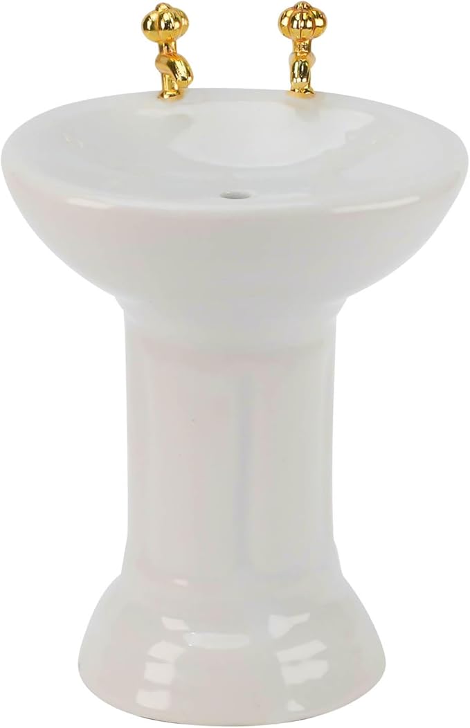 Waldosia 1:12 Scale White Porcelain Dollhouse Bathroom Set – 4-Piece Miniature Furniture with Bathtub, Pedestal Sink, Toilet & Mirror