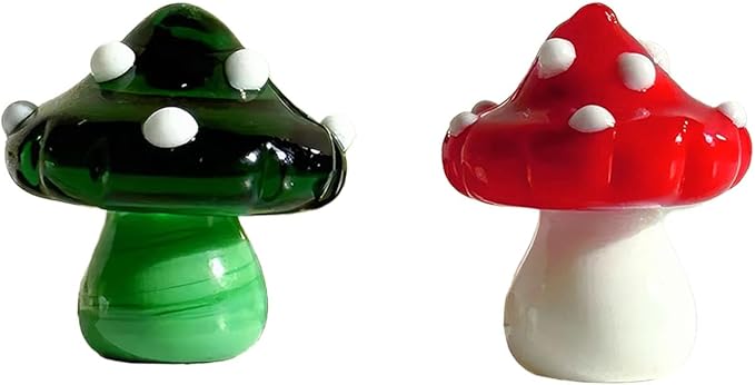 Set of 2 Handmade Glass Mushroom Figurines, 0.98" Tiny Mushroom Decor for Fairy Garden Accessories, Miniature Terrarium Supplies, Dollhouse Landscape & Potted Plant Ornaments (Classic Polka Dot)